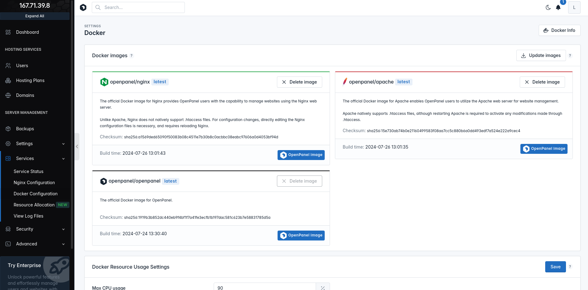 openadmin docker settings