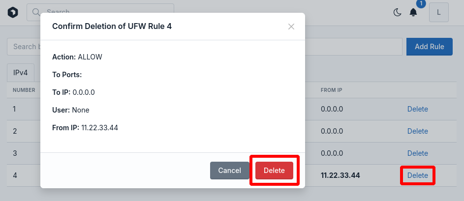 openadmin firewall delete rule