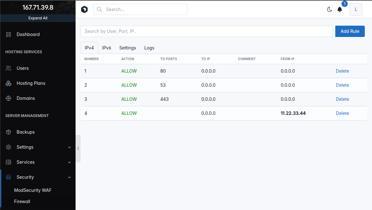 openadmin firewall settings