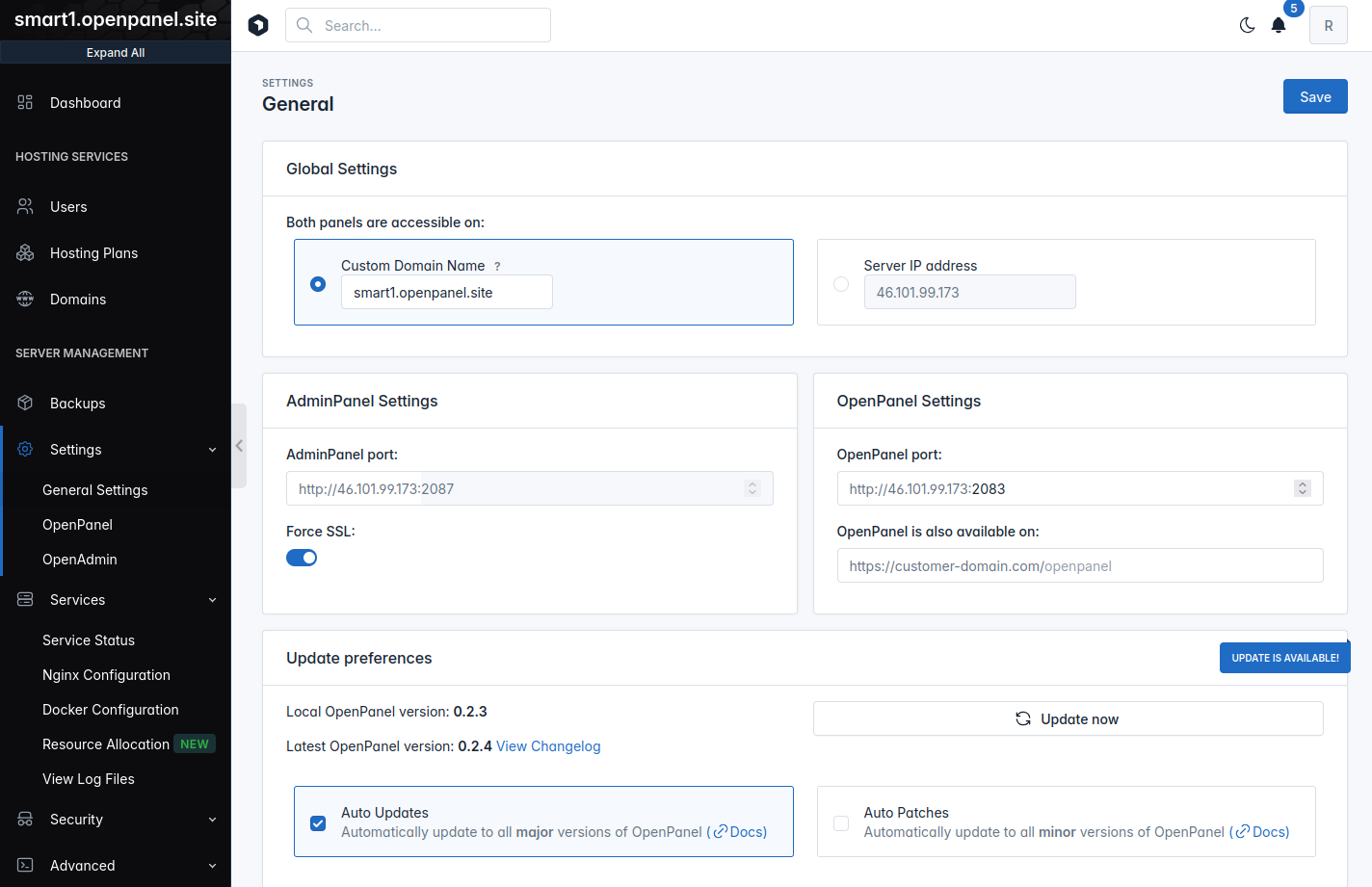 openadmin general panel settings