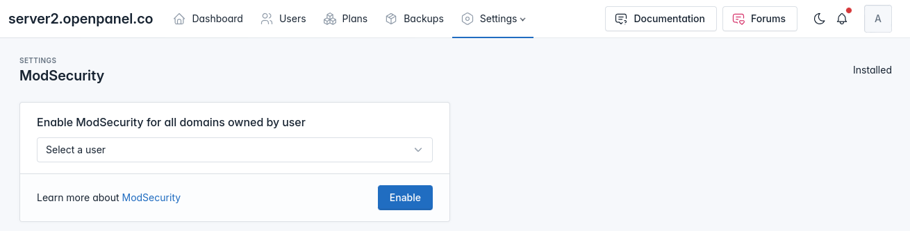 openadmin modsec settings