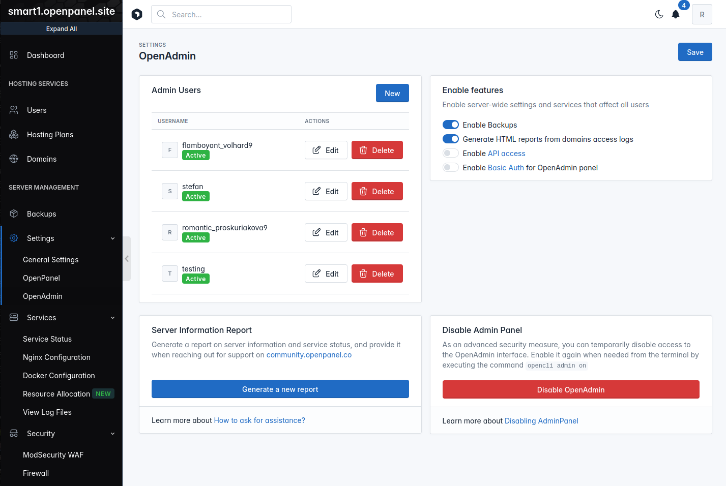 openadmin admin panel settings