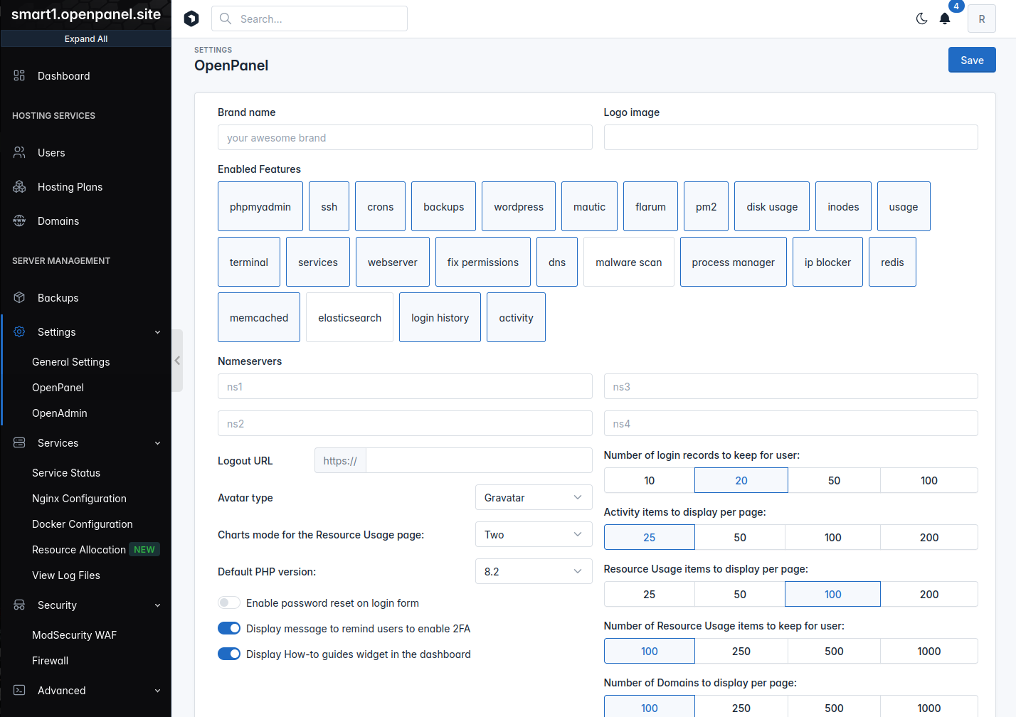 openadmin openpanel settings