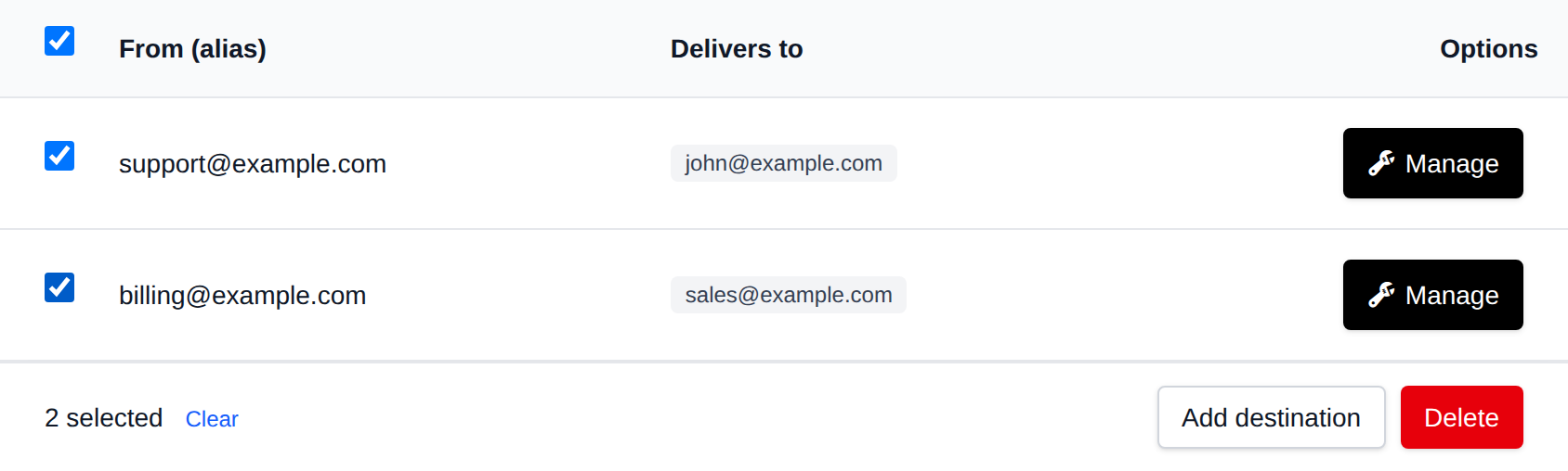 Two aliases selected with the bulk actions bar offering Add destination and Delete