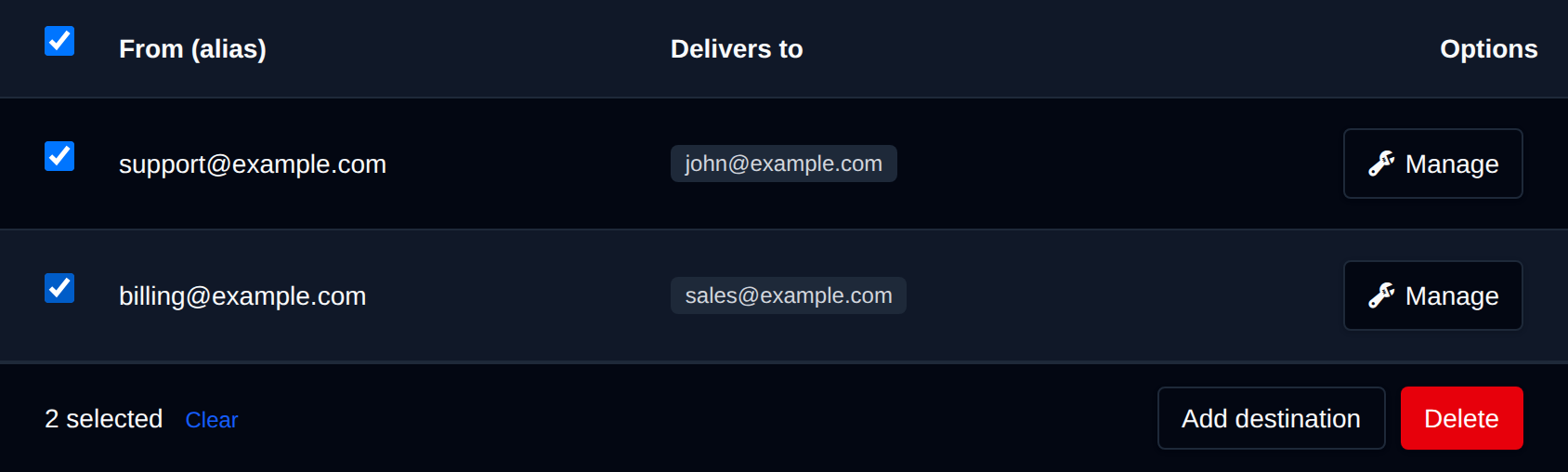 Two aliases selected with the bulk actions bar offering Add destination and Delete
