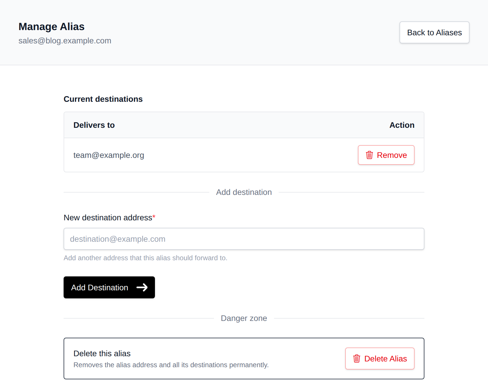 Manage alias page listing its destination addresses with Remove buttons and a field to add a destination