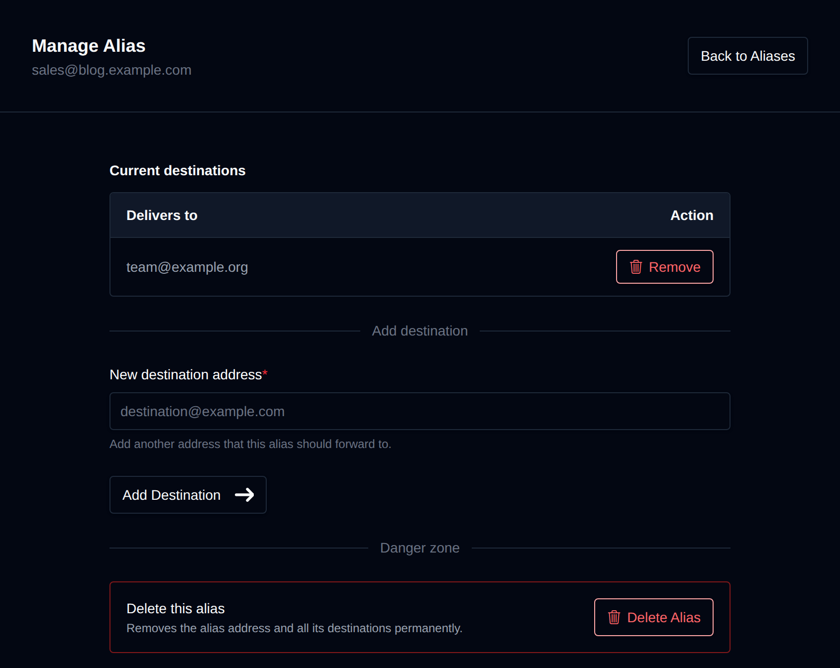 Manage alias page listing its destination addresses with Remove buttons and a field to add a destination