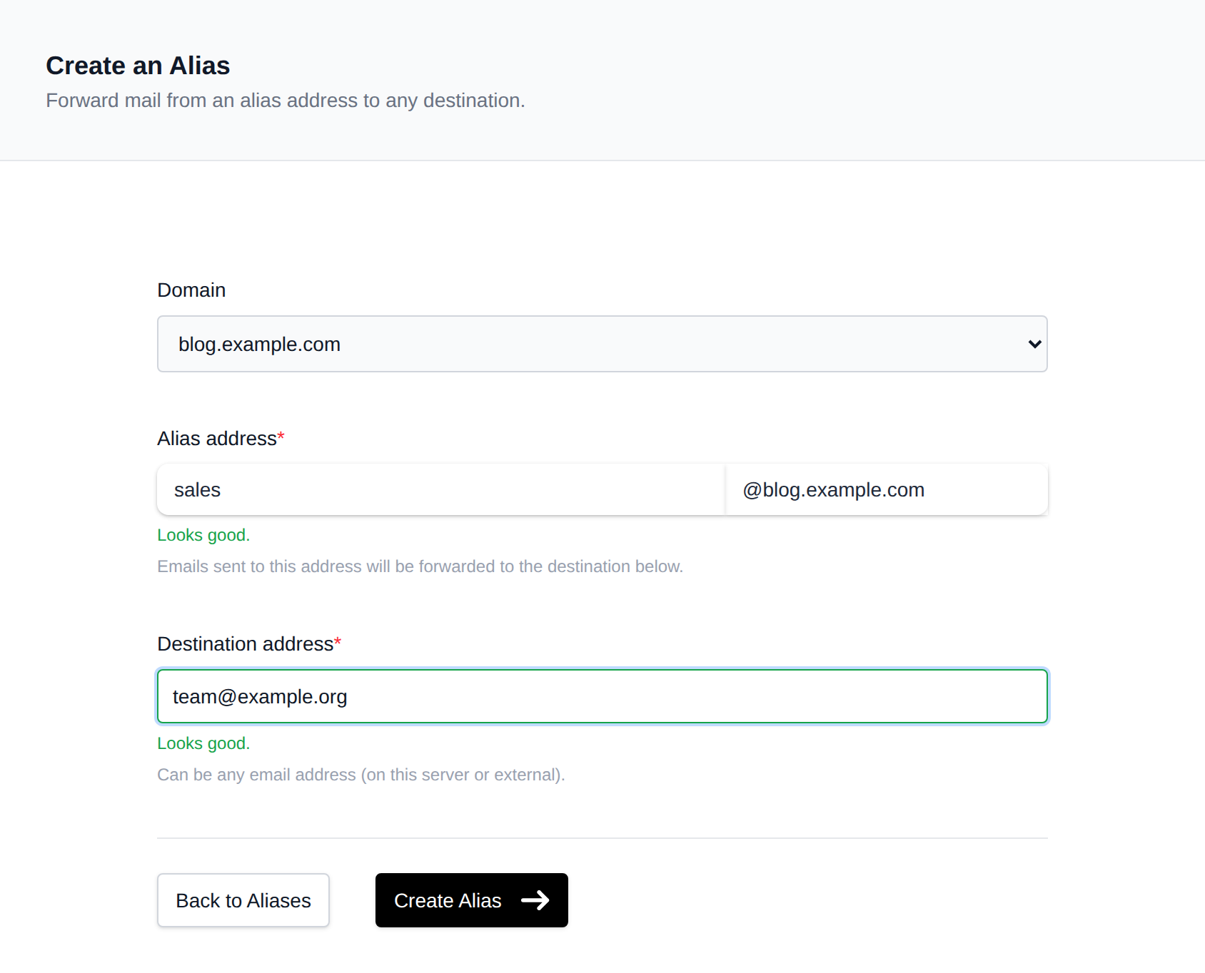 Create an Alias form with the domain, alias address and destination address fields
