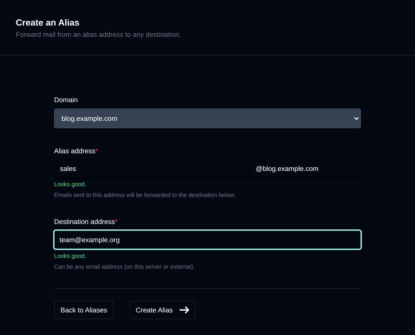 Create an Alias form with the domain, alias address and destination address fields