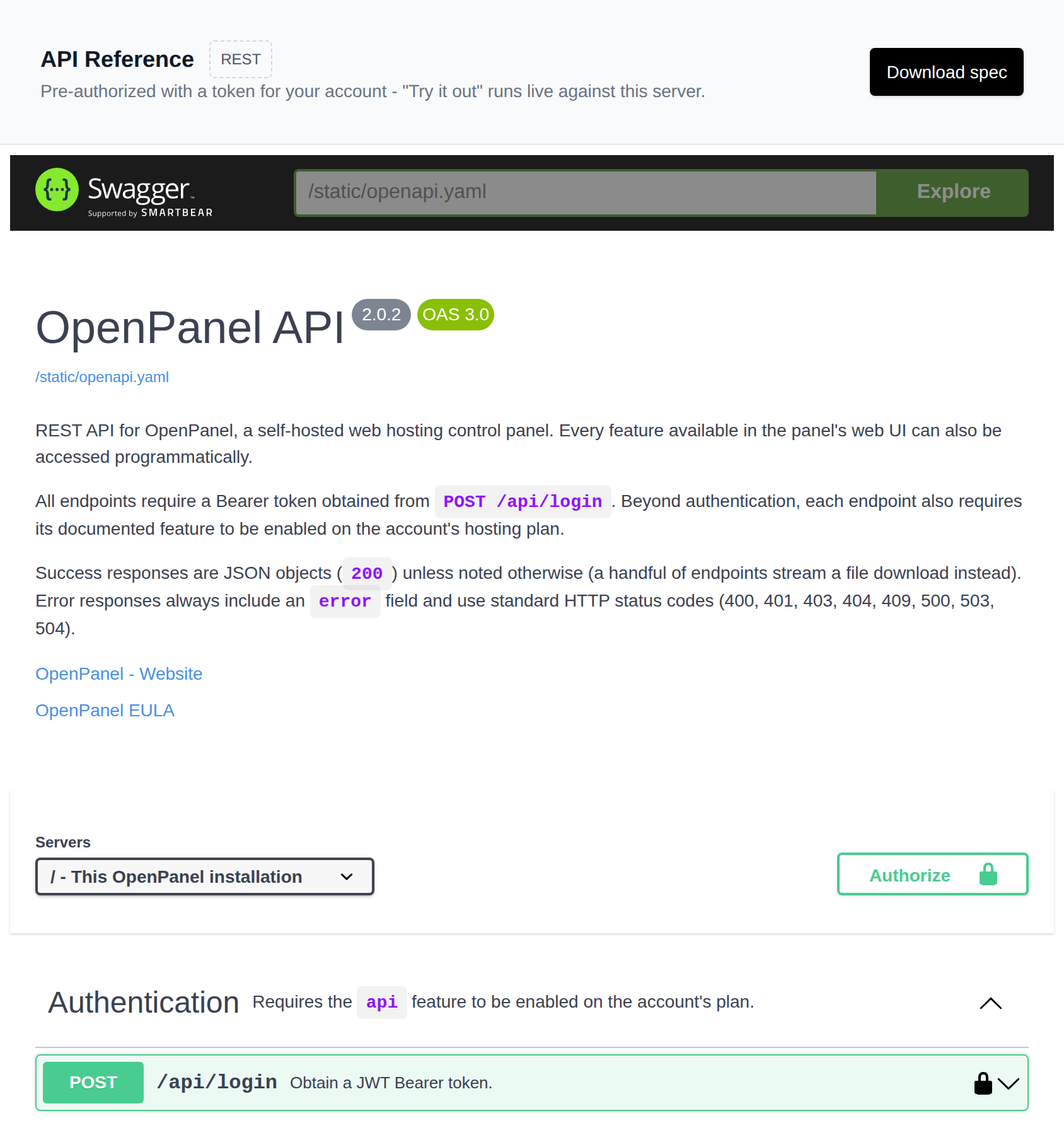 API Reference page with the interactive OpenPanel API documentation and the Download spec button