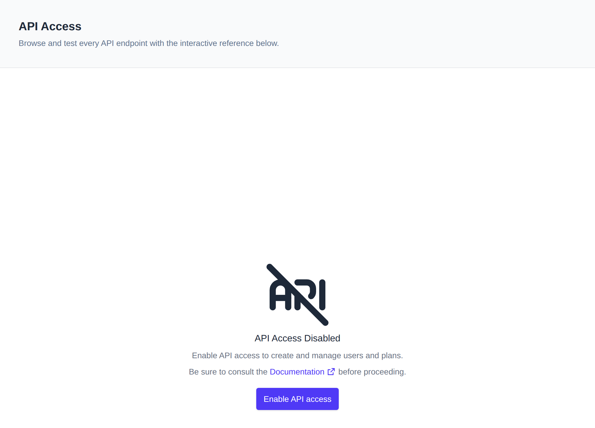 API Access page showing API access as disabled with the Enable API access button