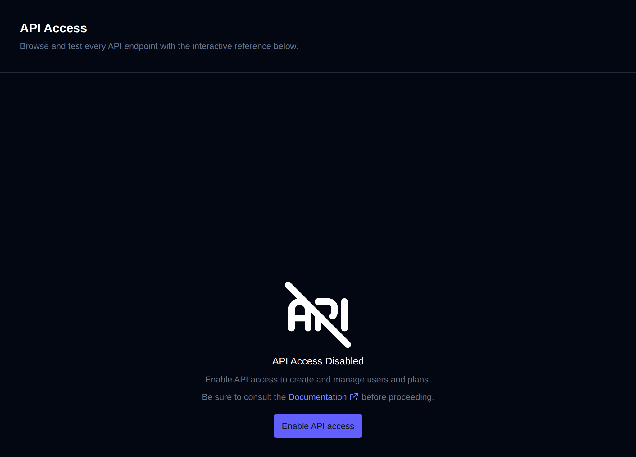 API Access page showing API access as disabled with the Enable API access button