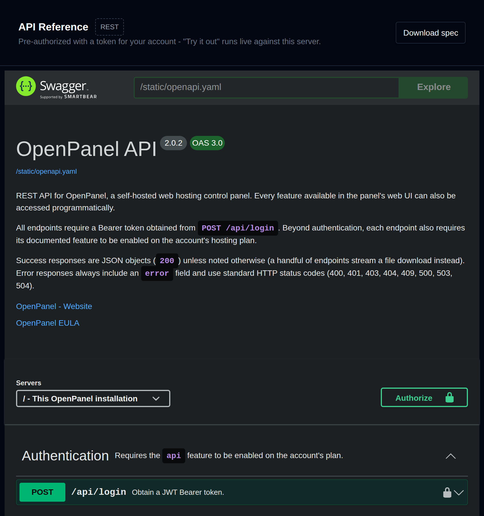 API Reference page with the interactive OpenPanel API documentation and the Download spec button
