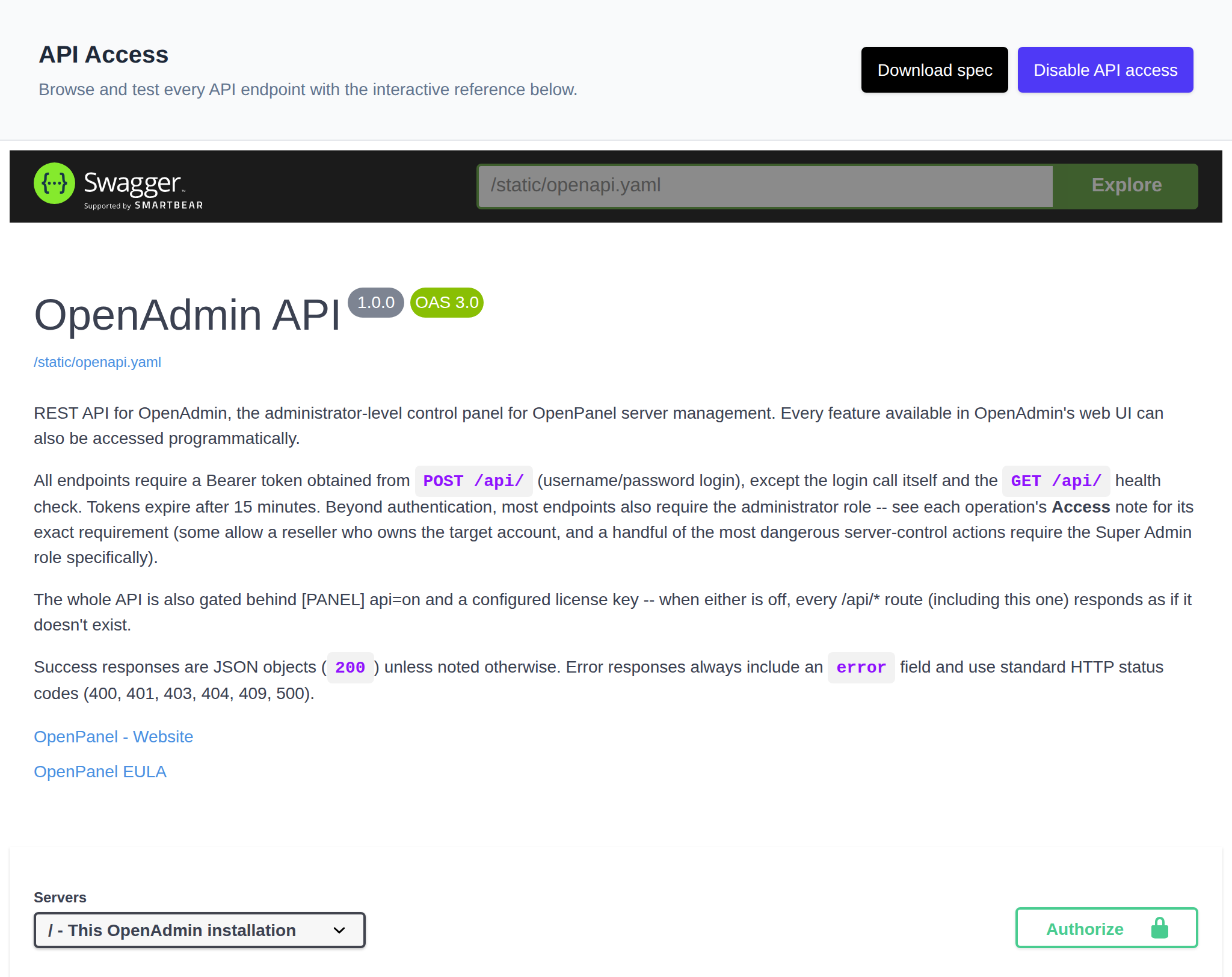 API Access page with API access enabled, the Download spec and Disable API access buttons, and the interactive OpenAdmin API reference