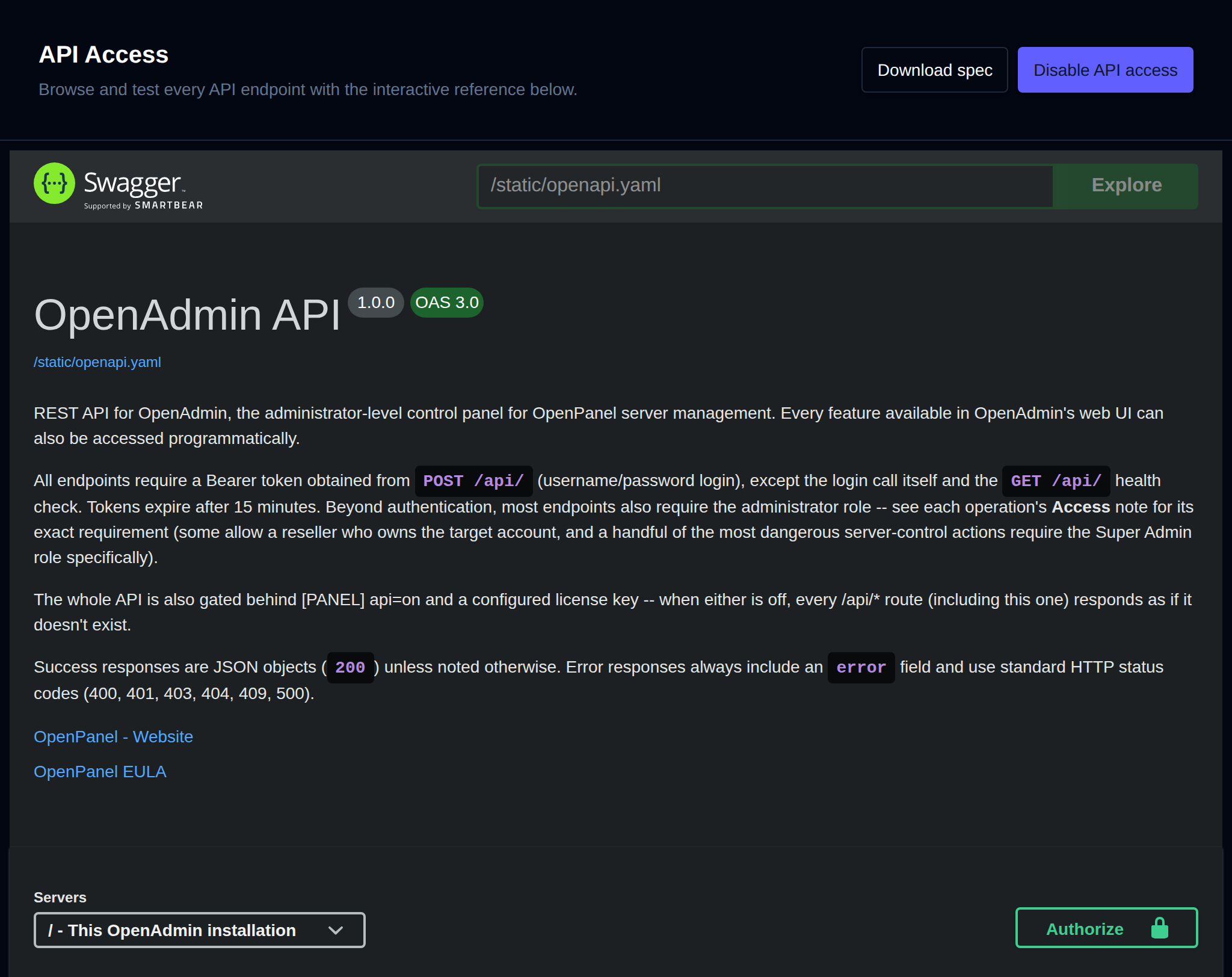 API Access page with API access enabled, the Download spec and Disable API access buttons, and the interactive OpenAdmin API reference