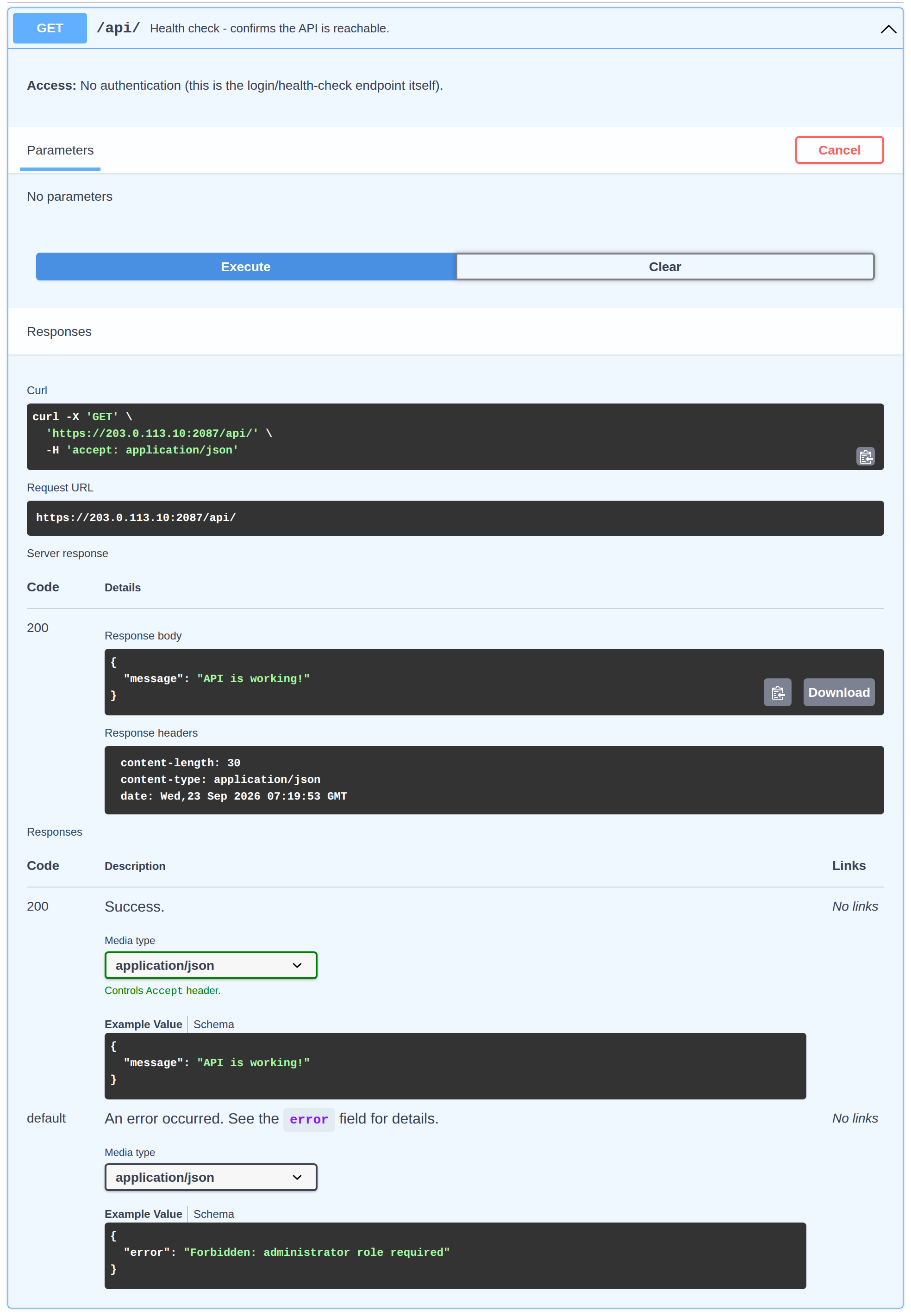 An API endpoint expanded in the API reference after Try it out and Execute, with the curl command, request URL and server response