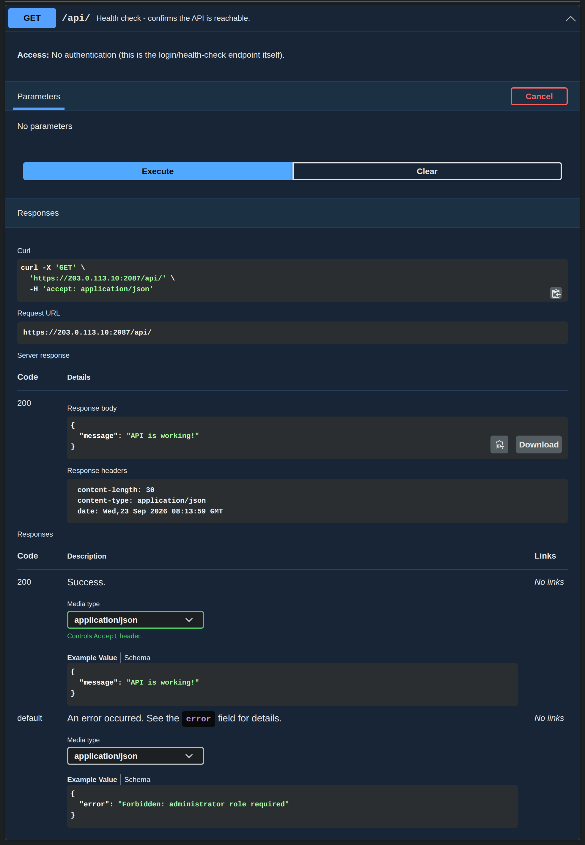 An API endpoint expanded in the API reference after Try it out and Execute, with the curl command, request URL and server response