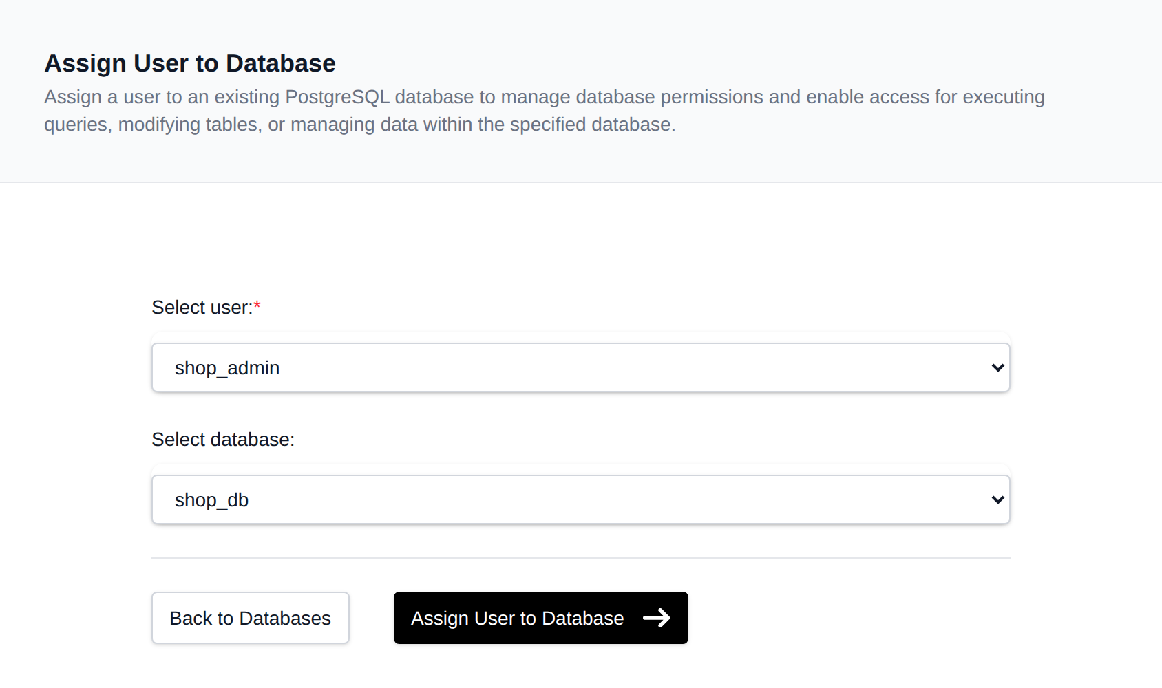 Assign User to Database form with user and database dropdowns