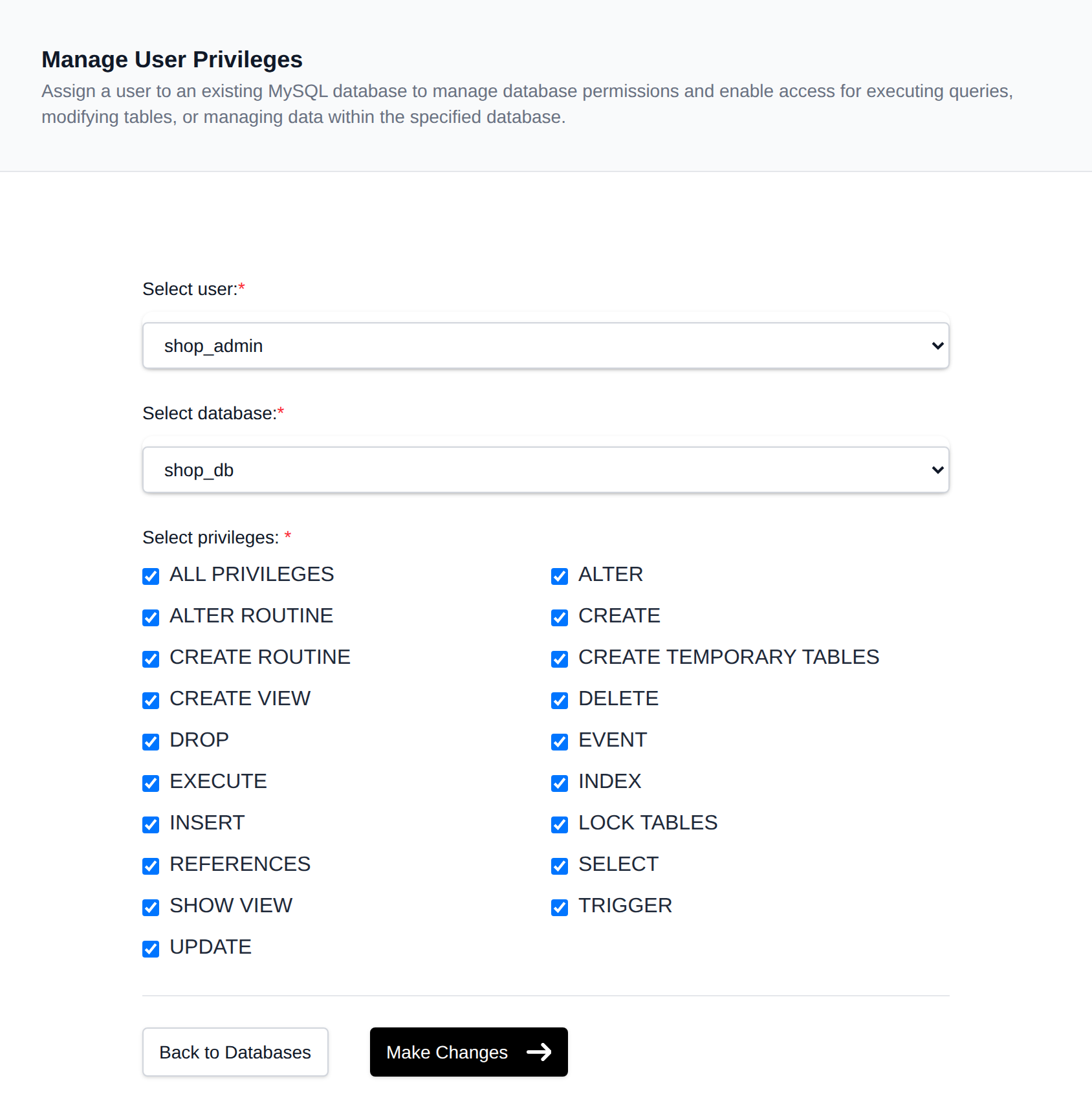 Assign User to Database form with user and database dropdowns and a grid of privilege checkboxes