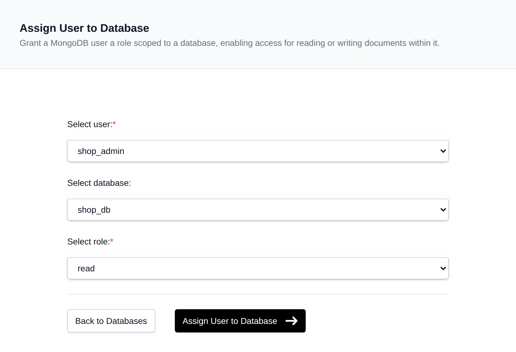 Assign User to Database form with the user, database and role dropdowns