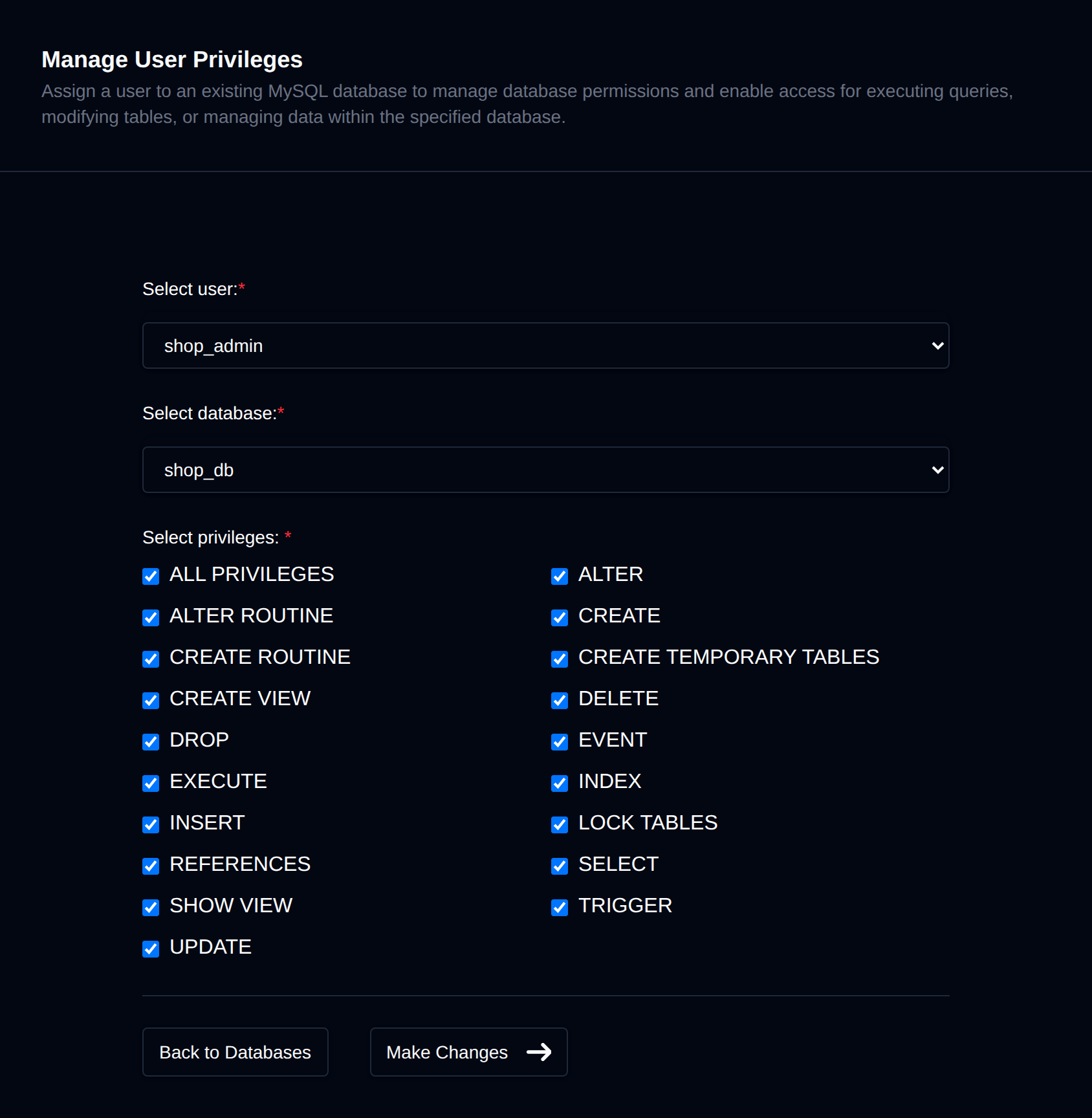 Assign User to Database form with user and database dropdowns and a grid of privilege checkboxes