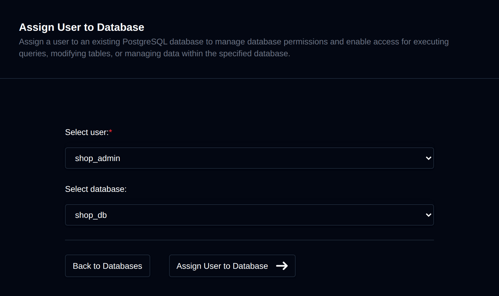 Assign User to Database form with user and database dropdowns