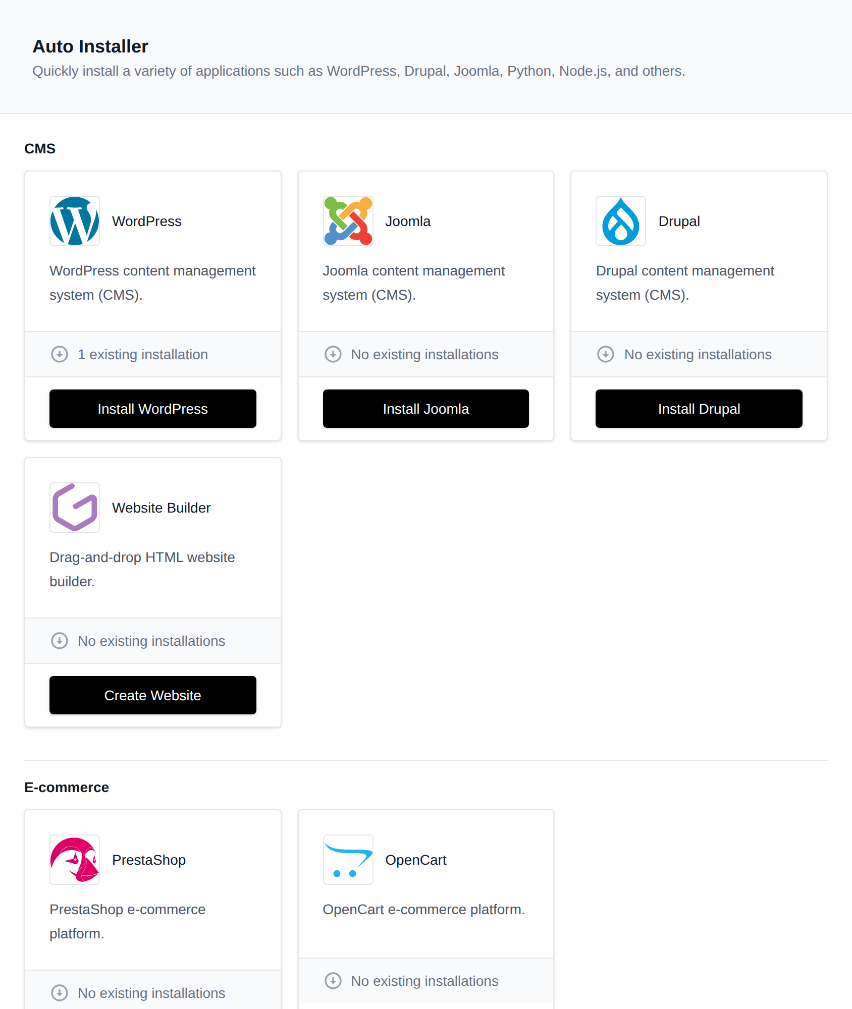 Auto Installer page with cards for WordPress, Joomla, Drupal, Website Builder, PrestaShop, OpenCart and other applications