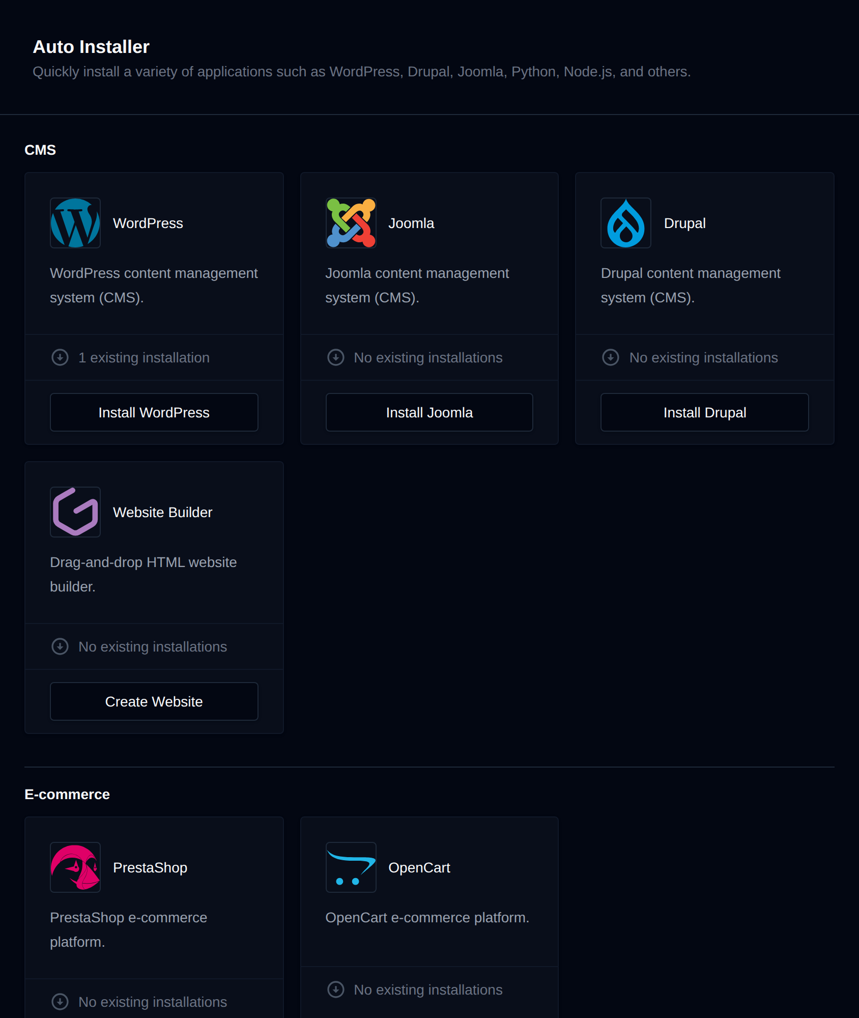 Auto Installer page with cards for WordPress, Joomla, Drupal, Website Builder, PrestaShop, OpenCart and other applications