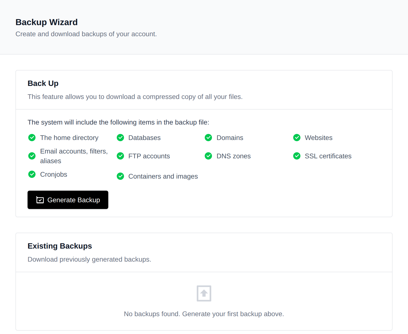 Backup Wizard with the list of included items, the Generate Backup button and the existing backups