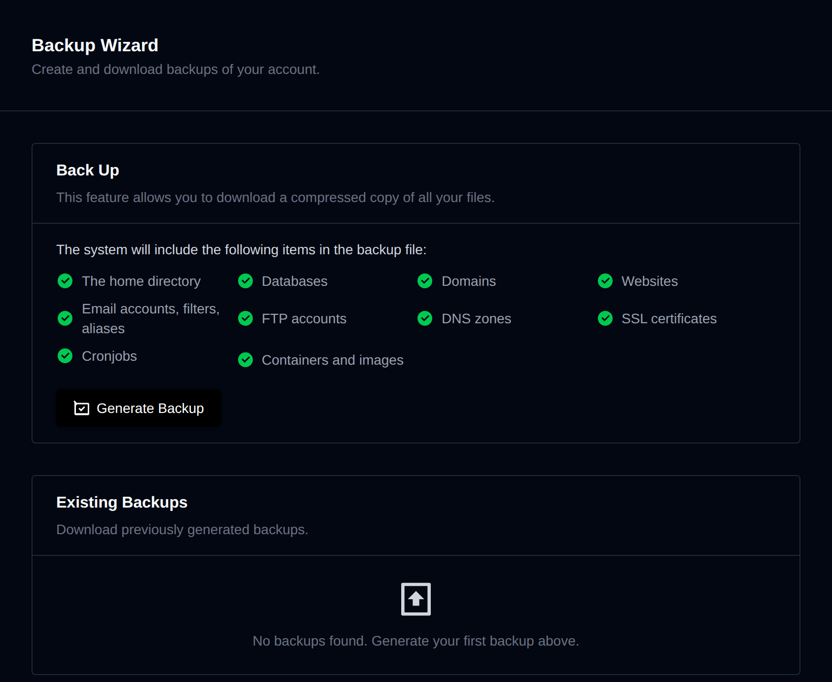 Backup Wizard with the list of included items, the Generate Backup button and the existing backups