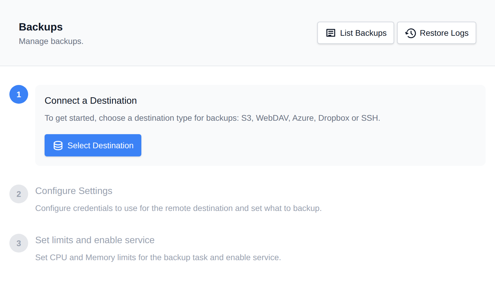 Backups page with the three setup steps: connect a destination, configure settings, and set limits