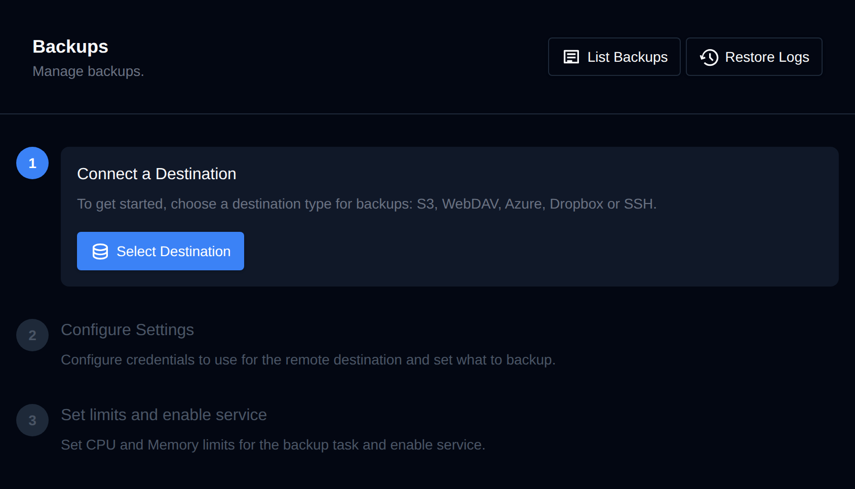 Backups page with the three setup steps: connect a destination, configure settings, and set limits