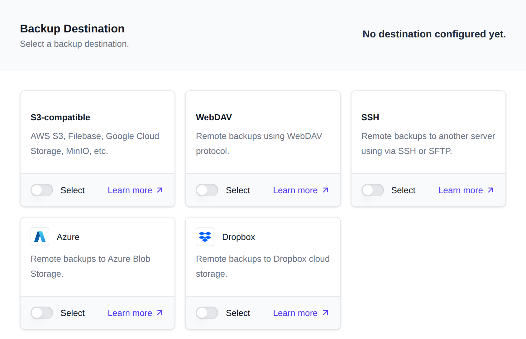 Backup destination picker with S3-compatible, WebDAV, SSH, Azure and Dropbox options