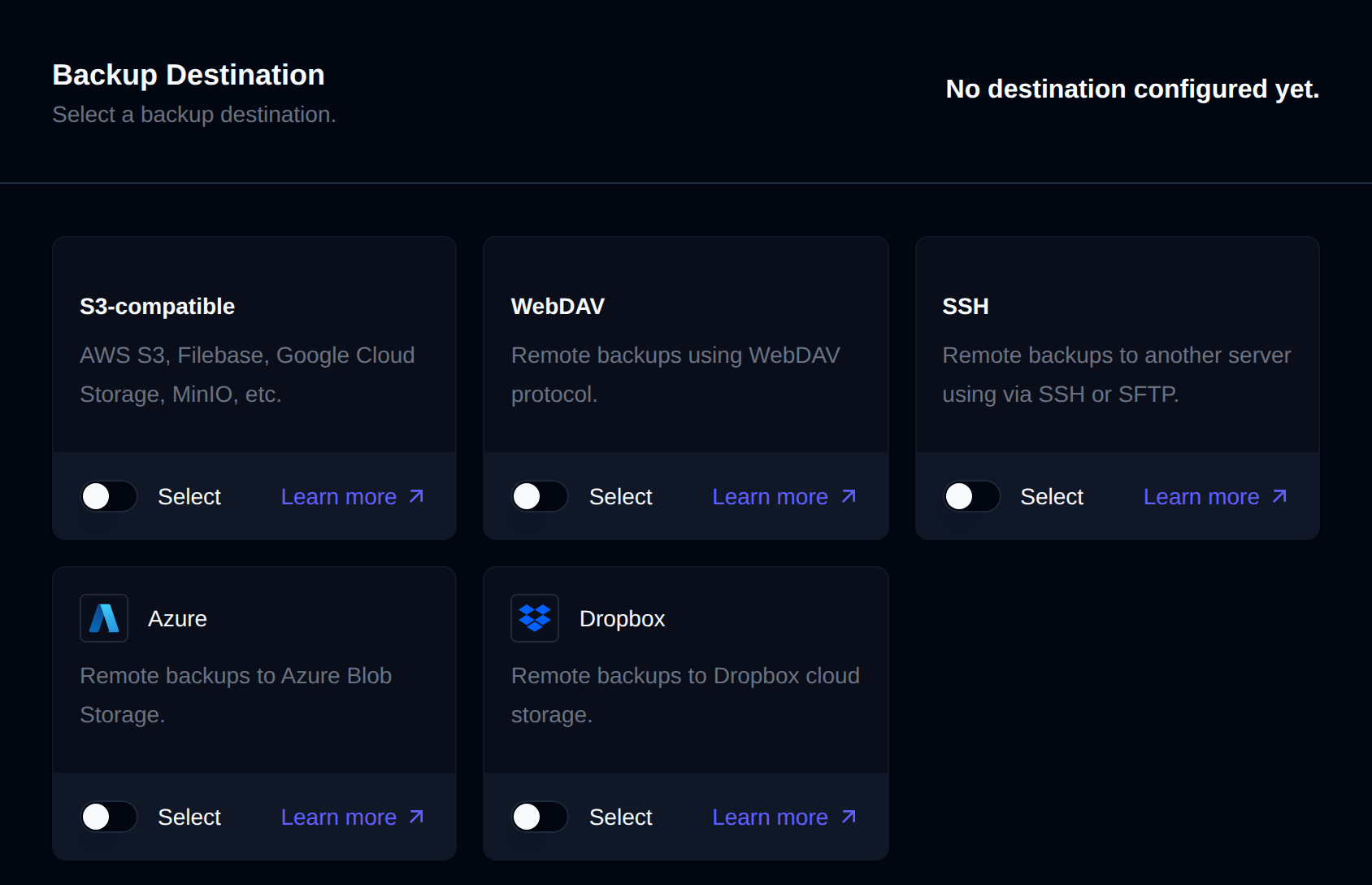 Backup destination picker with S3-compatible, WebDAV, SSH, Azure and Dropbox options