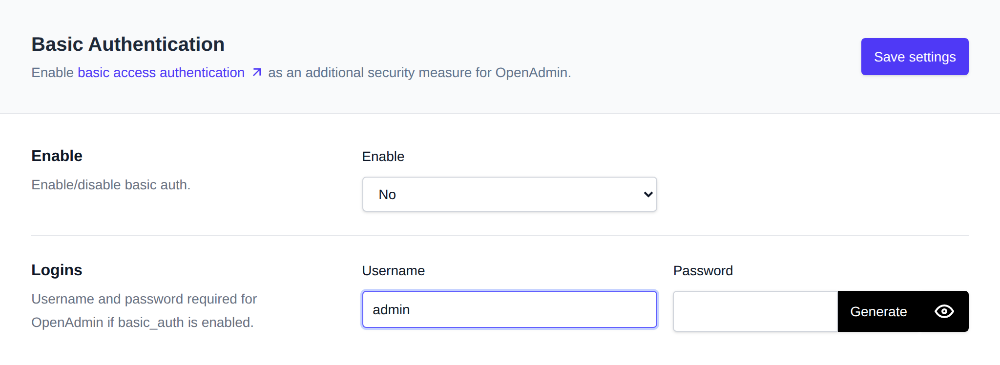 Basic Authentication page with the Enable dropdown and the username and password fields