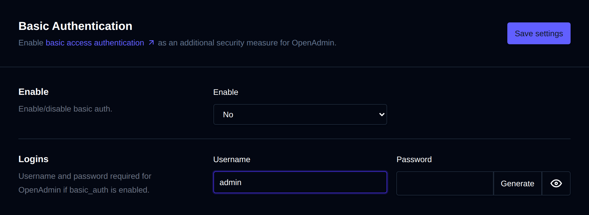 Basic Authentication page with the Enable dropdown and the username and password fields