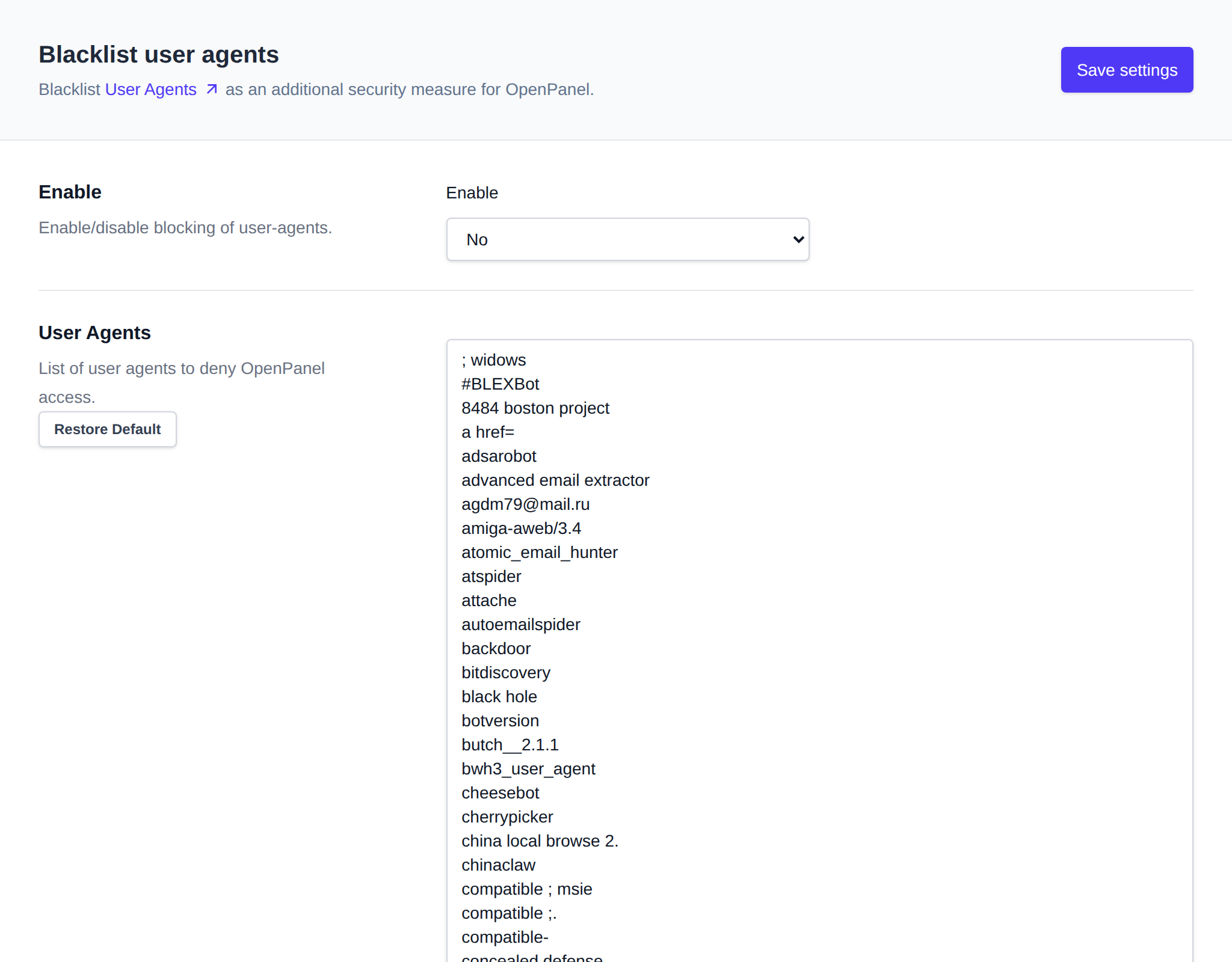 Blacklist user agents page with the Enable dropdown and the list of blocked user agents
