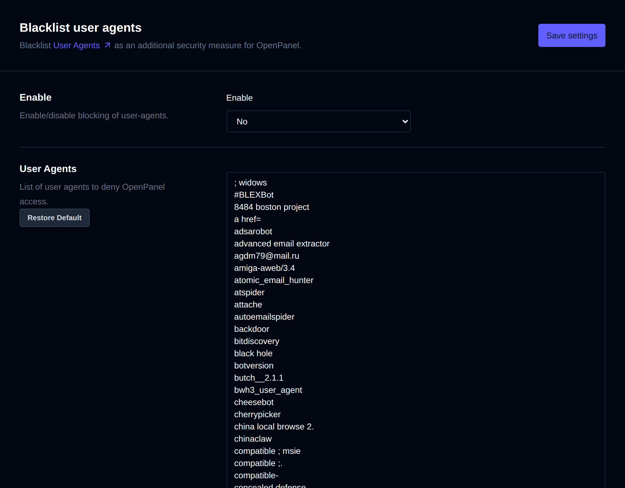 Blacklist user agents page with the Enable dropdown and the list of blocked user agents