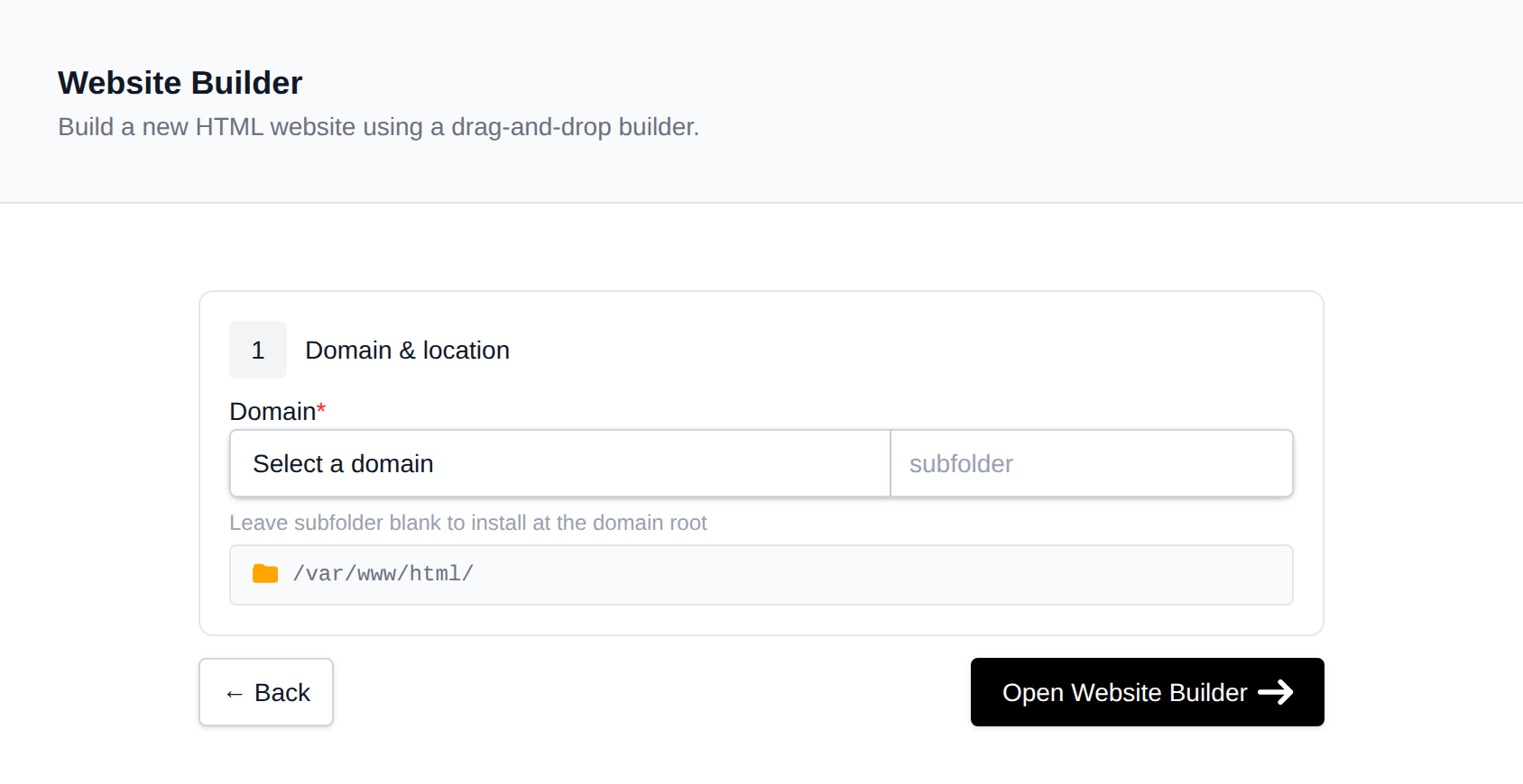 Website Builder page with the domain and folder to create the website in