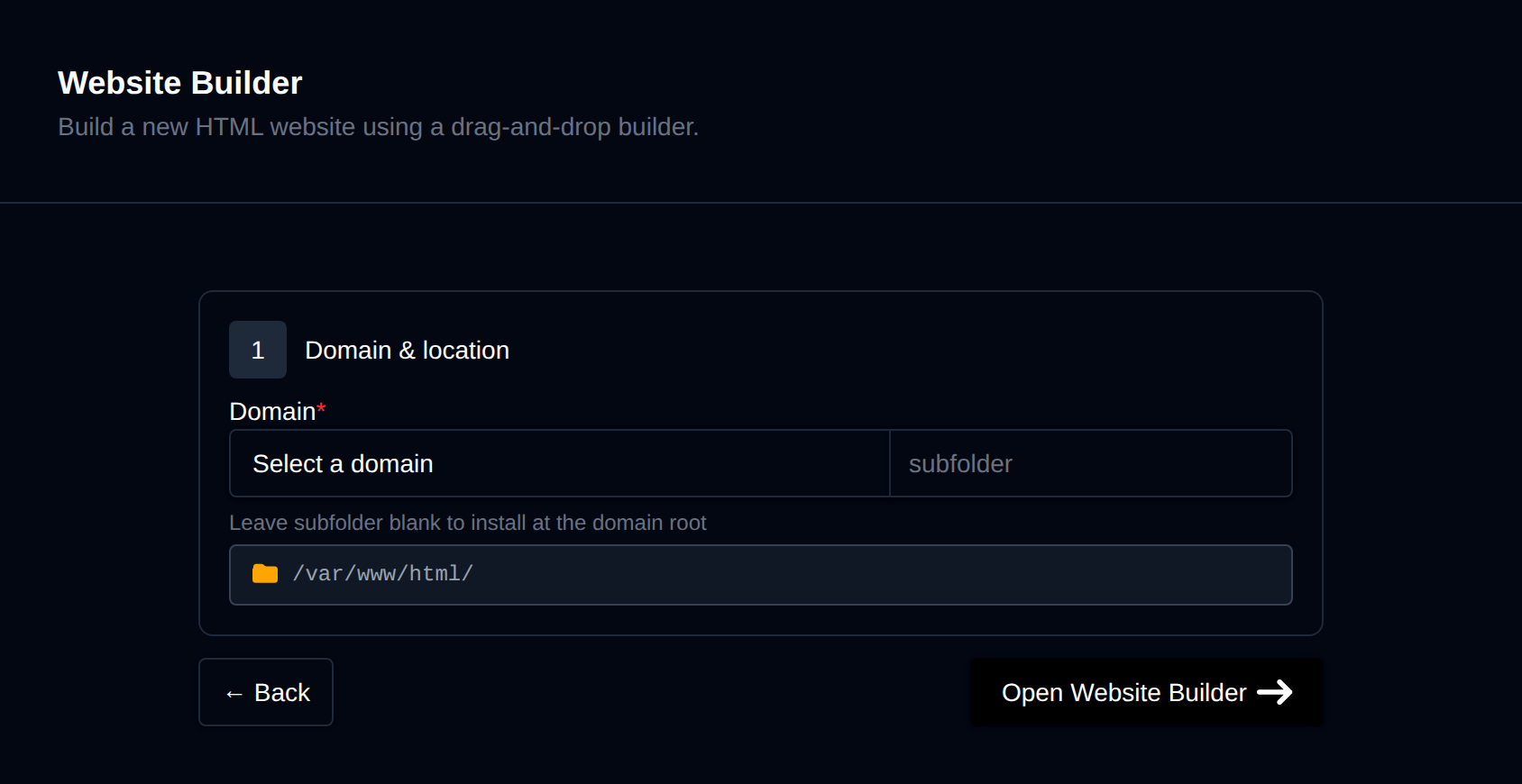 Website Builder page with the domain and folder to create the website in