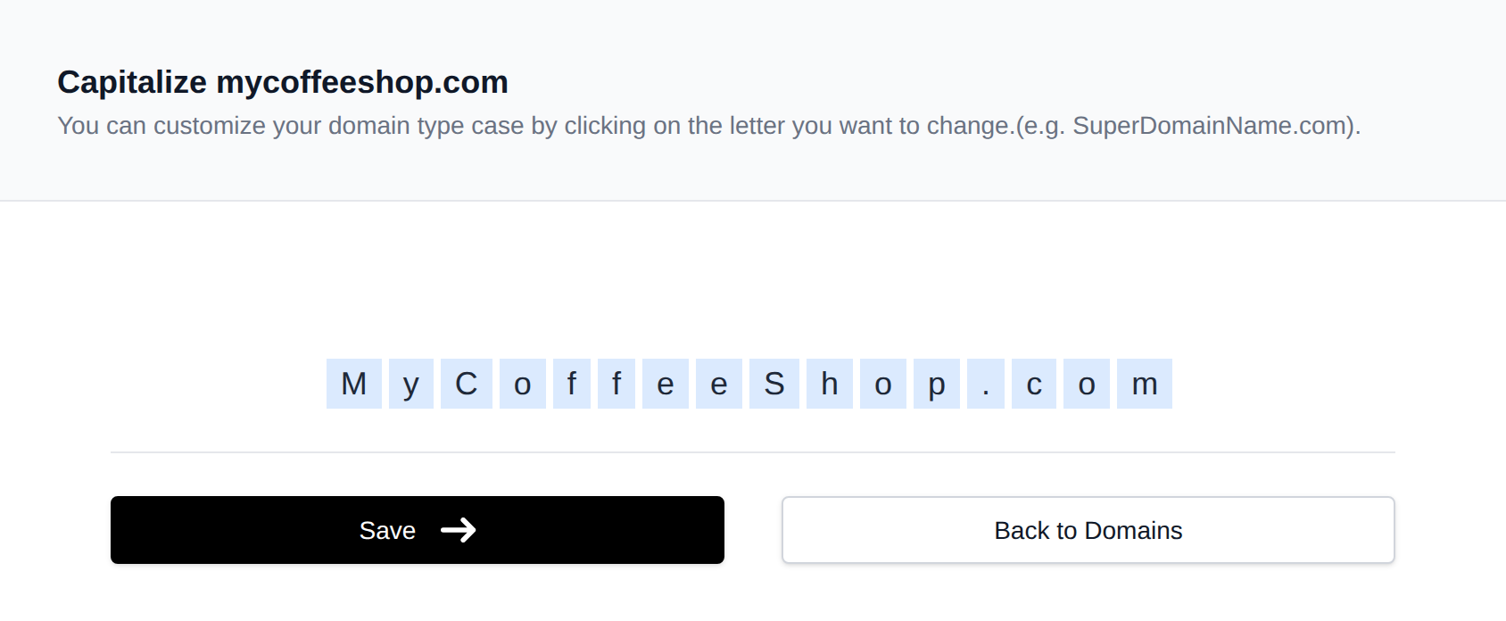 Capitalize page with one button per letter, the capitalized letters of MyCoffeeShop.com underlined