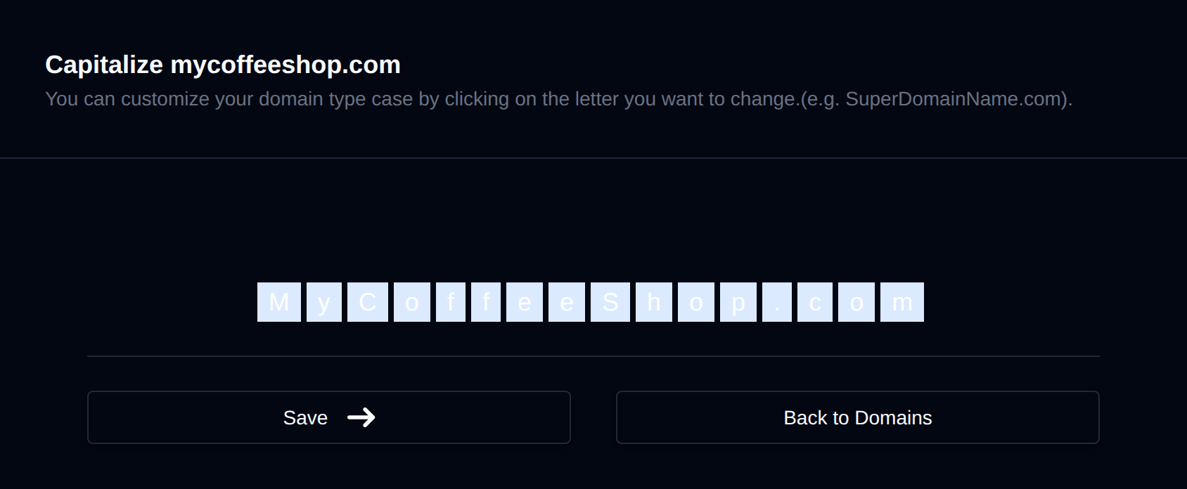 Capitalize page with one button per letter, the capitalized letters of MyCoffeeShop.com underlined