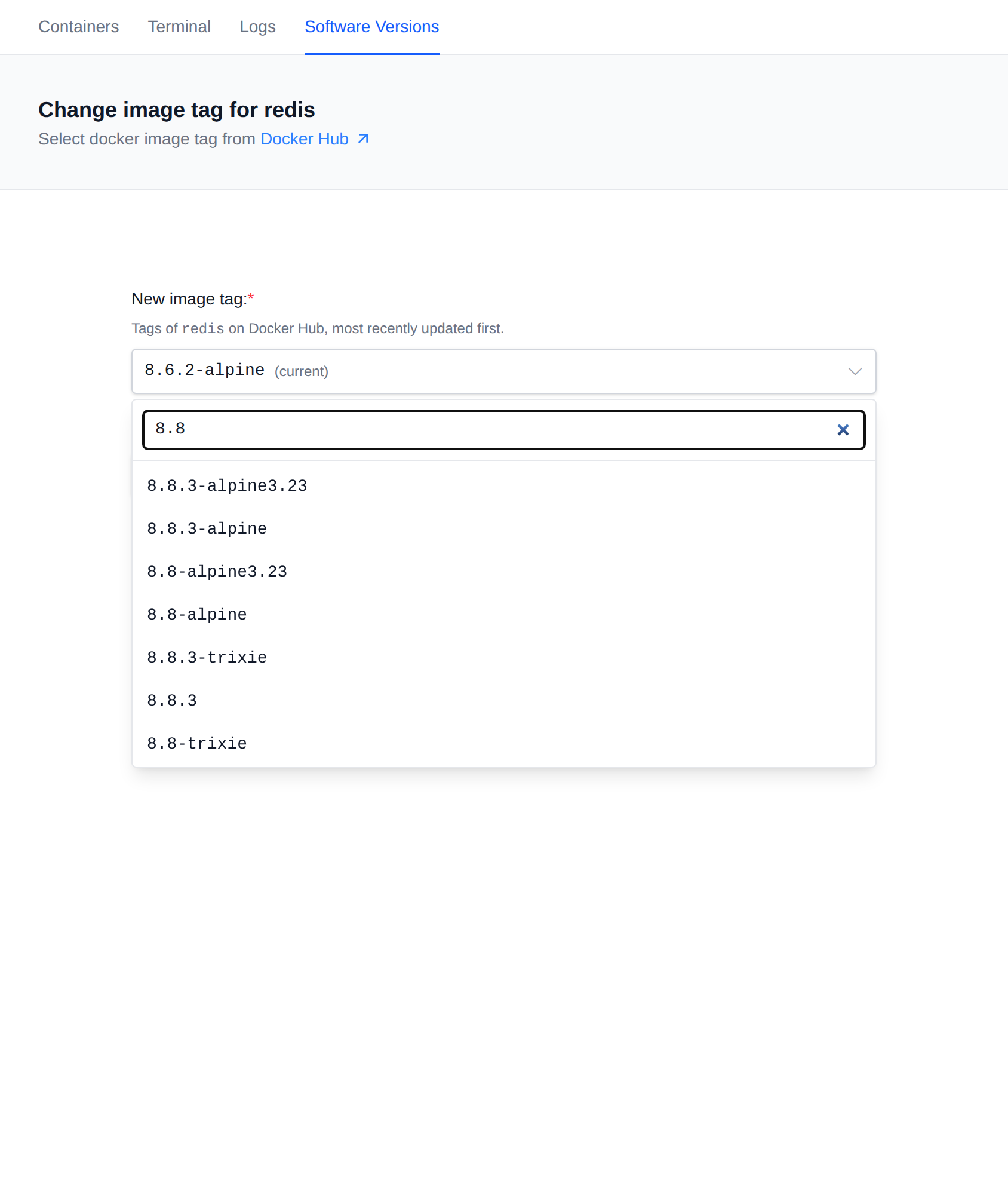 Change image tag for redis with the tag dropdown open, searching the redis tags from Docker Hub for 8.8