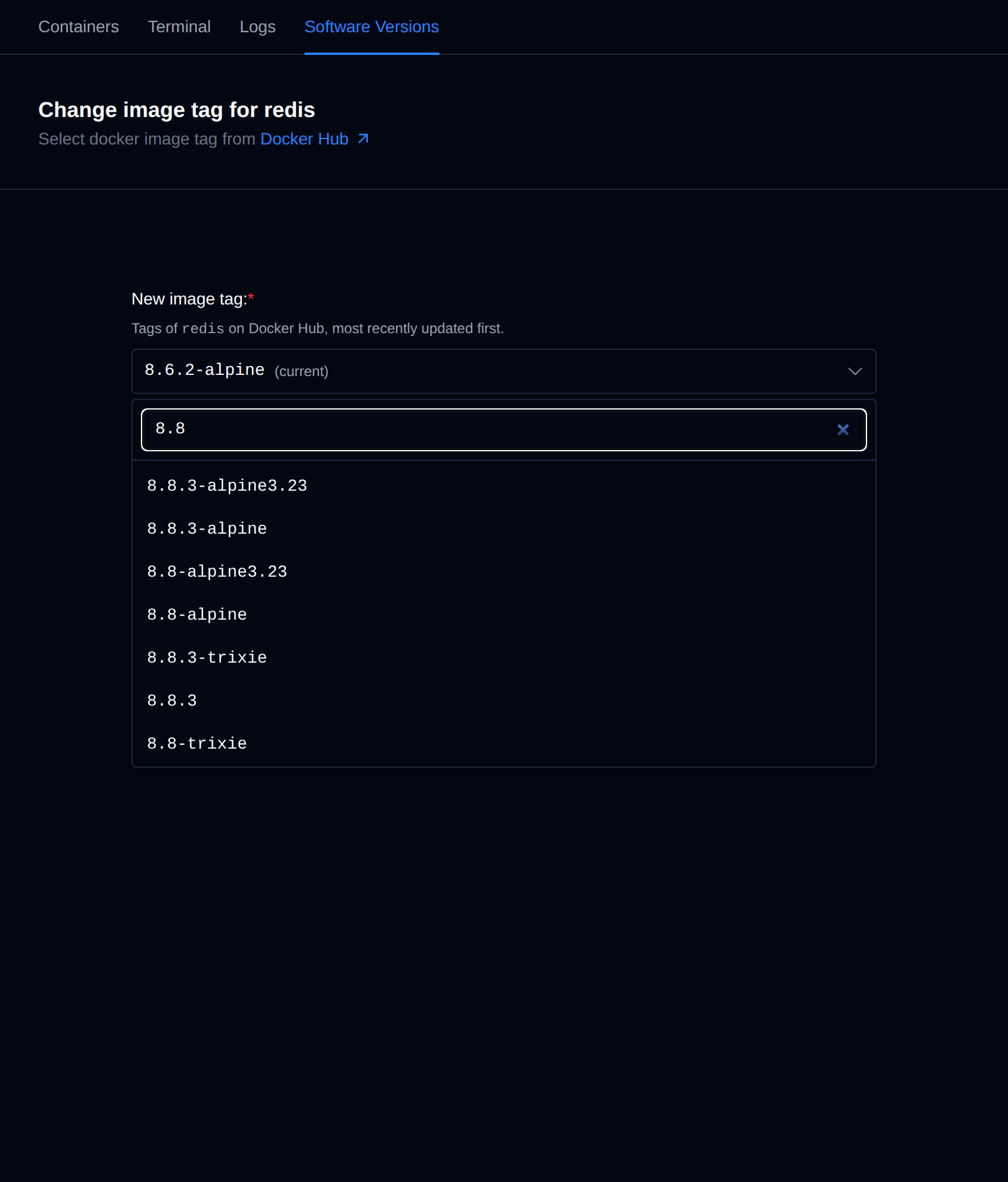 Change image tag for redis with the tag dropdown open, searching the redis tags from Docker Hub for 8.8
