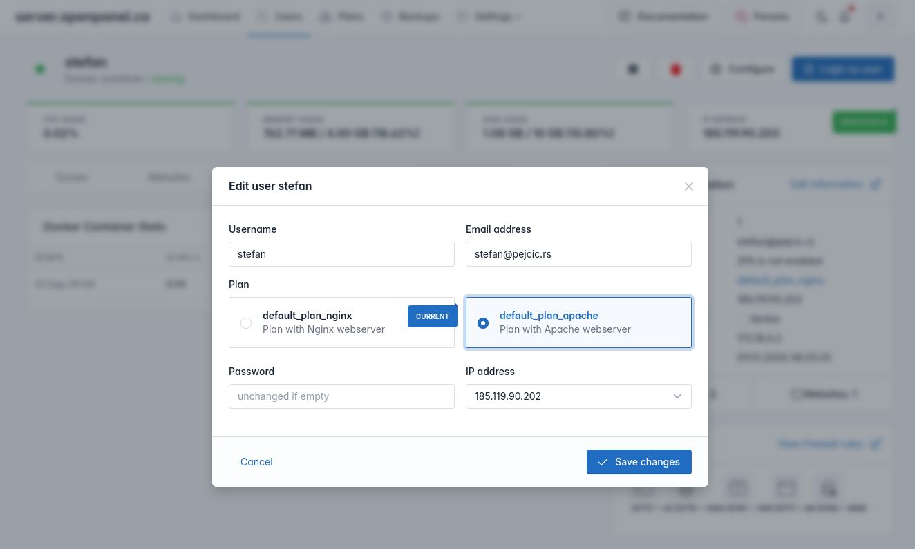 openadmin change plan for a user