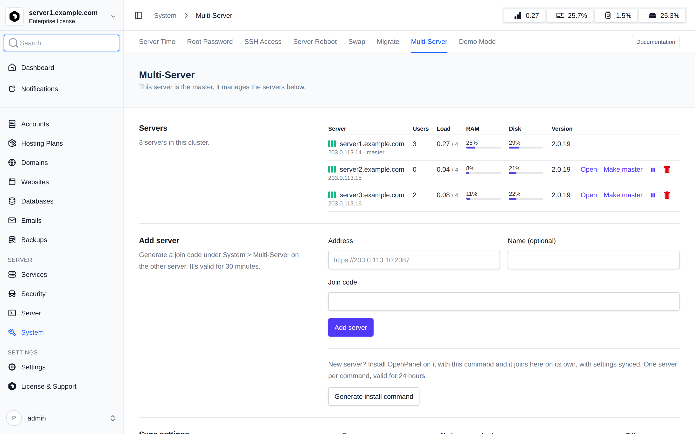 System > Multi-Server on the master with the Servers table and the Add server form