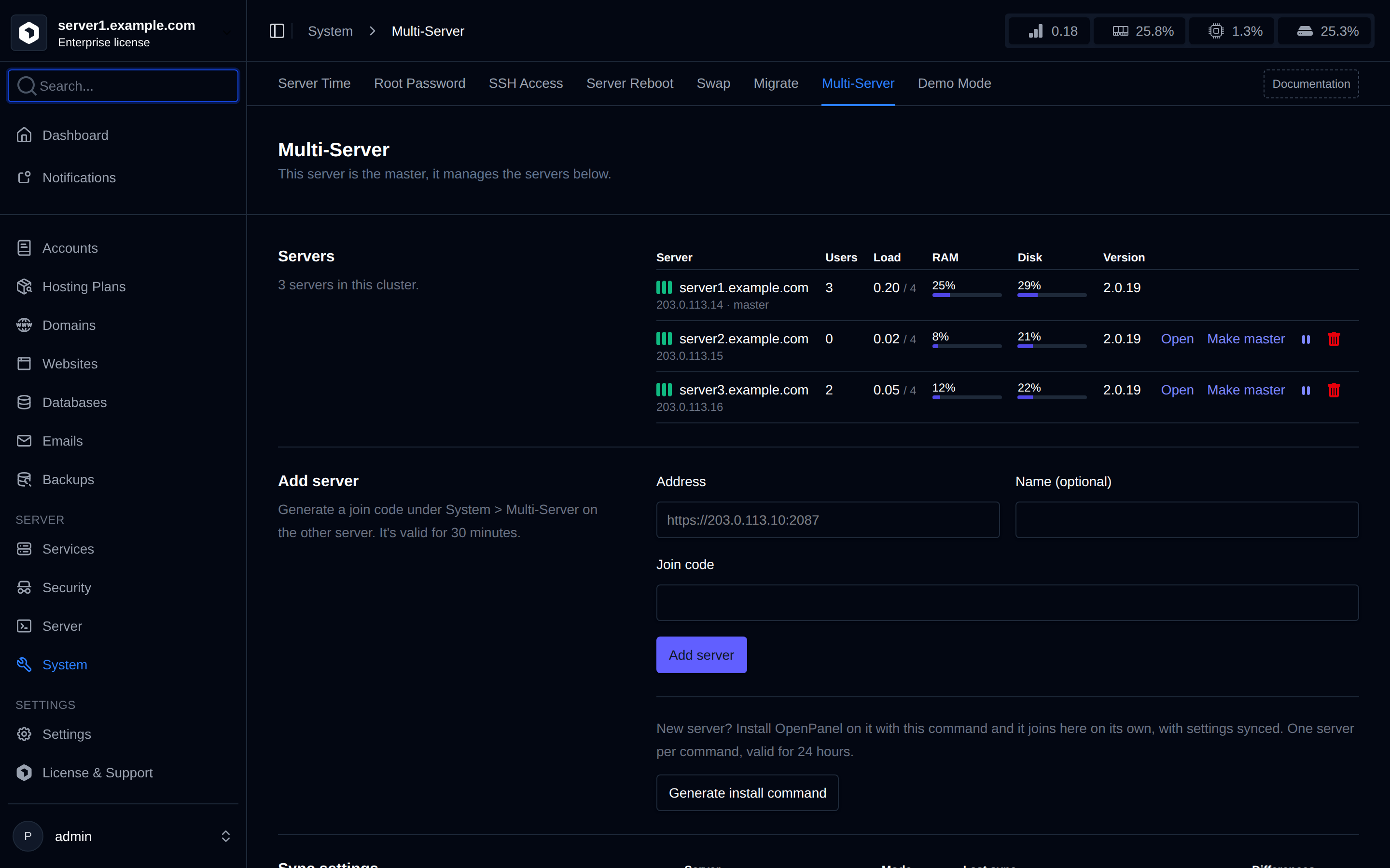 System > Multi-Server on the master with the Servers table and the Add server form