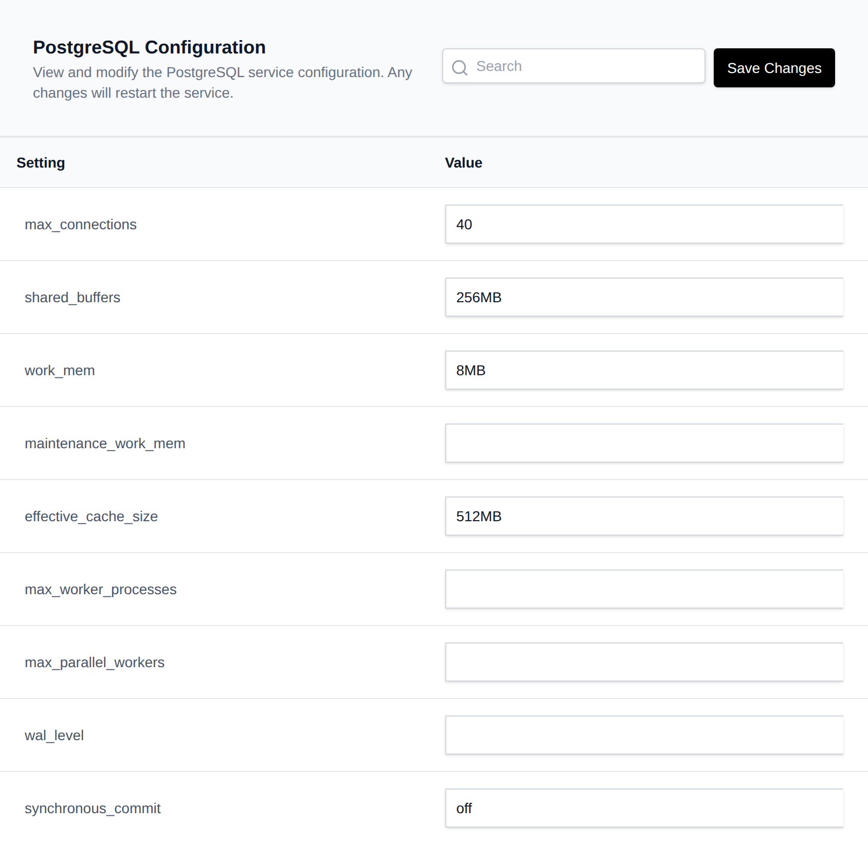 PostgreSQL Configuration page with a table of settings, editable values and the Save Changes button