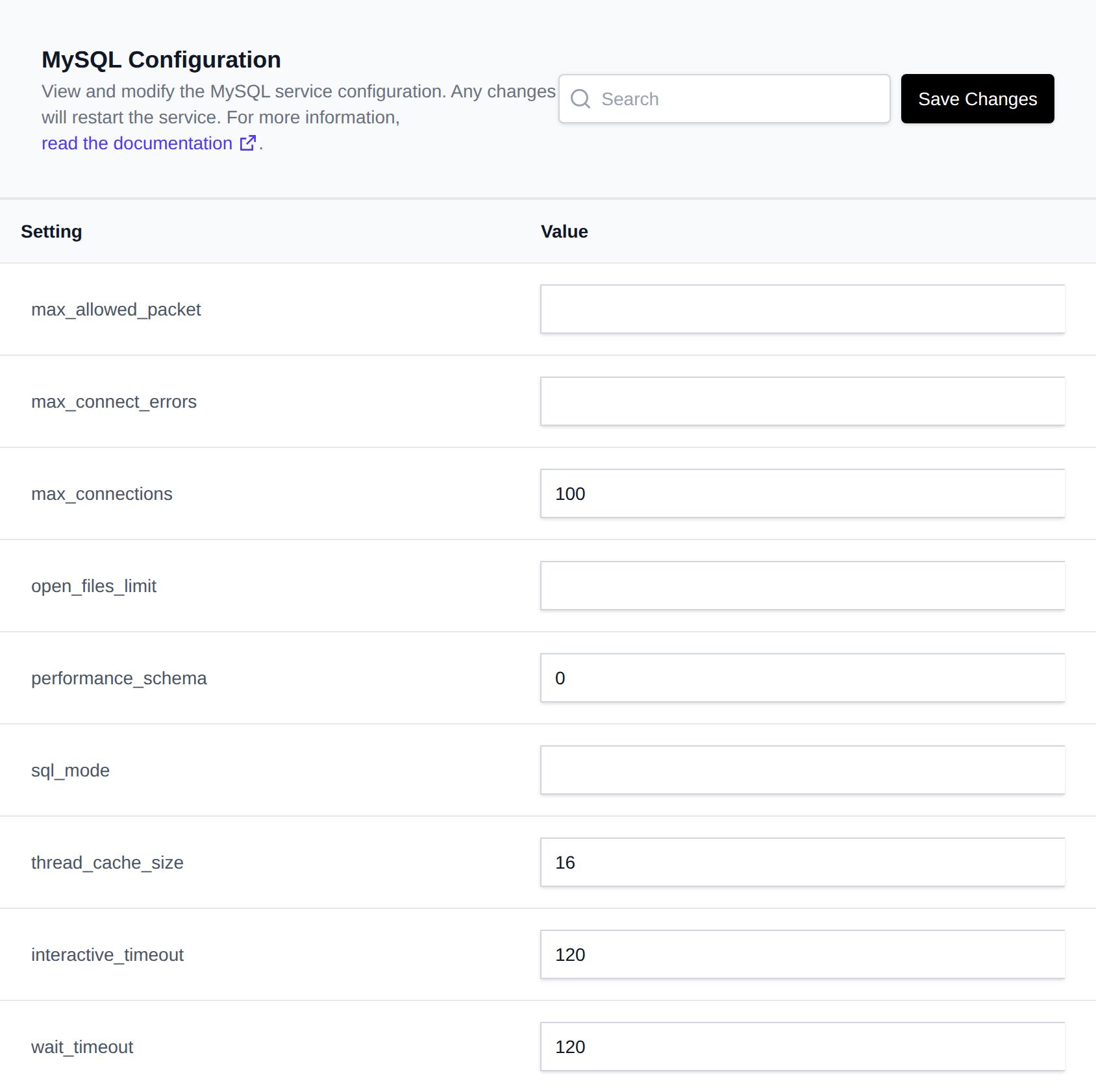 MySQL Configuration page with a table of settings, editable values and the Save Changes button
