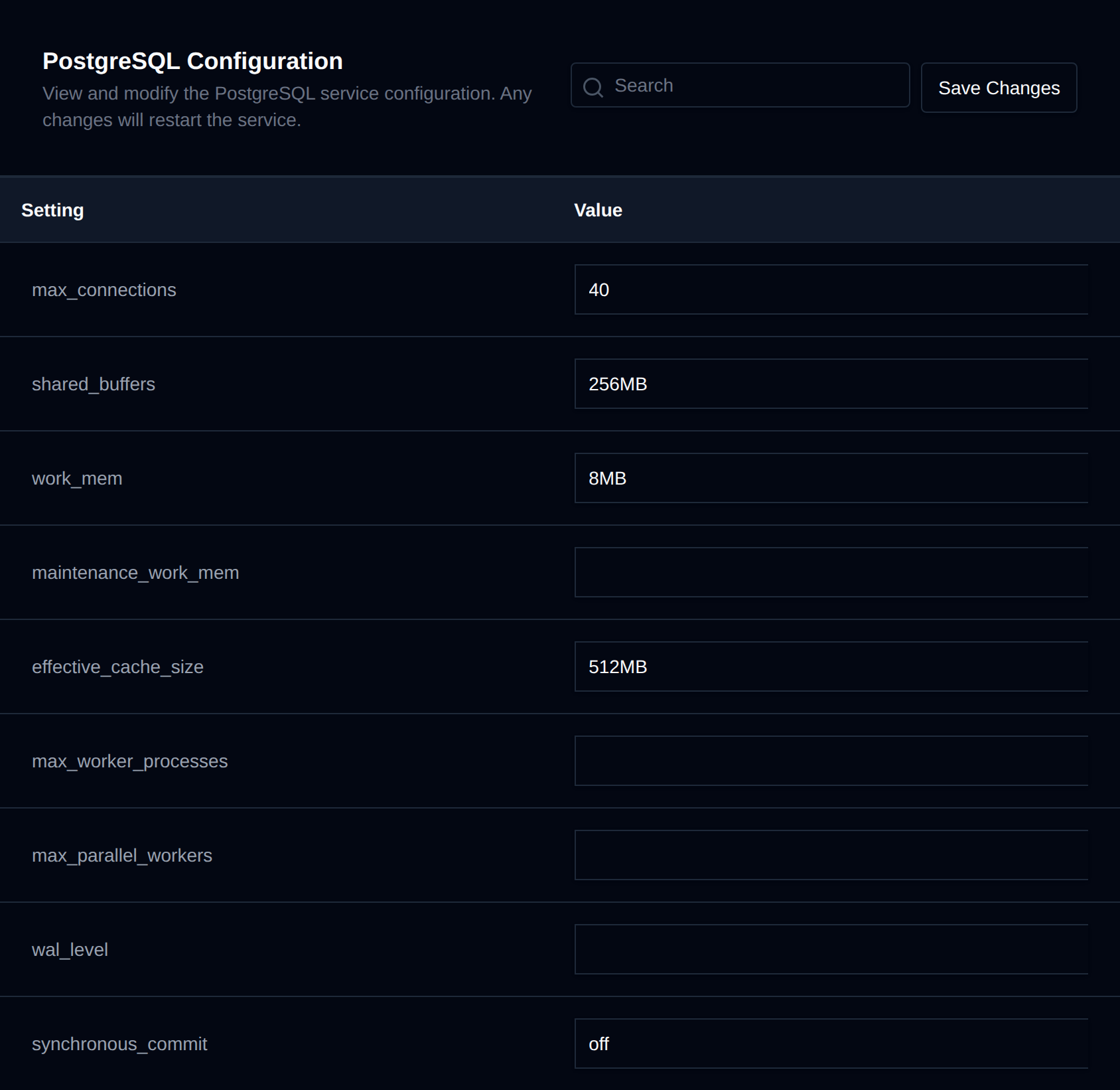 PostgreSQL Configuration page with a table of settings, editable values and the Save Changes button